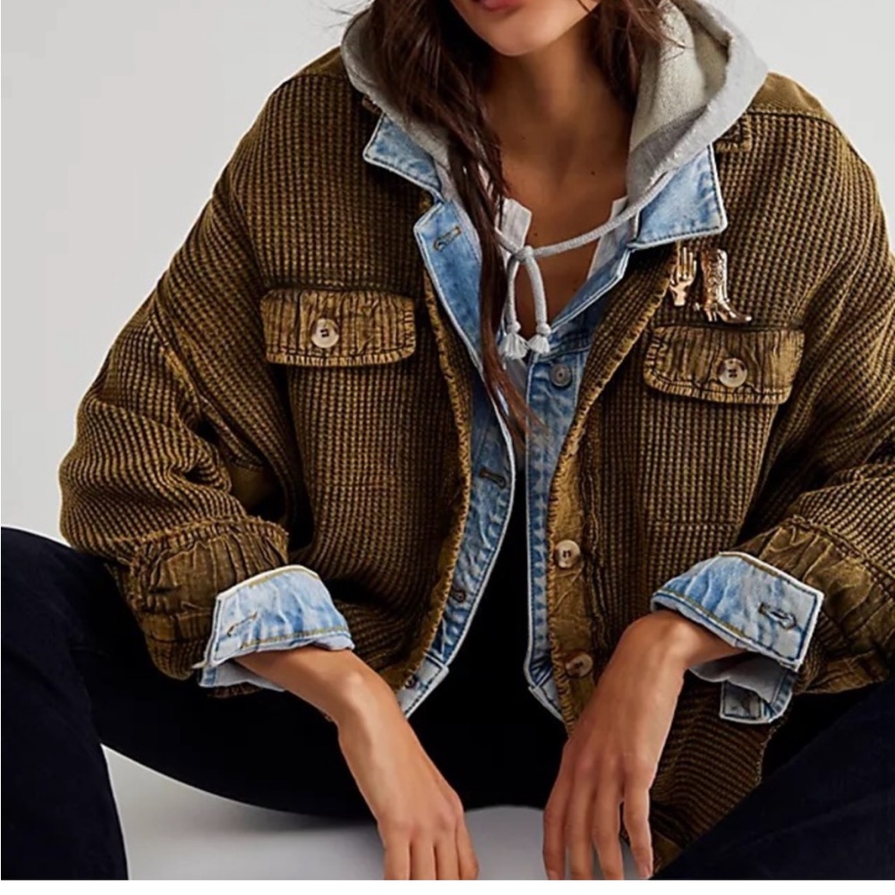 FP one free people, scout jacket, Shacket oversized waffle knit green large